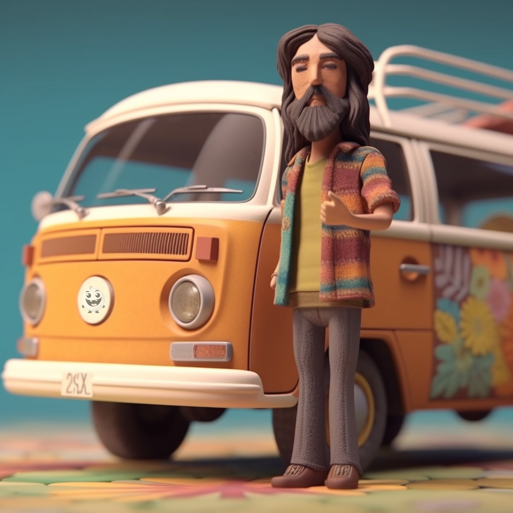 clay-style image of hippie standing next to a van